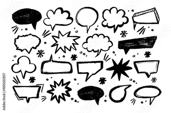 Fototapeta Empty  hand drawn grunge crayon, charcoal, chalk speech bubbles set in doodle style.