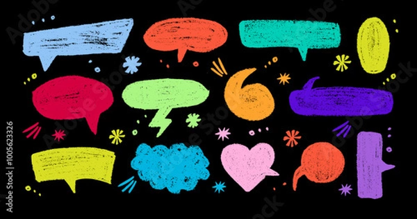 Fototapeta Chalk pencil speech bubbles doodle set. Crayon communication frame, comic talk balloon in sketch style, Grunge texture. Hand drawn vector illustration isolated on black background