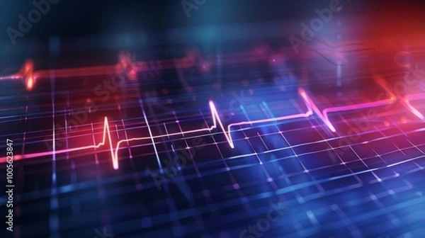 Fototapeta A close-up view of a digital heartbeat monitor, displaying a strong and steady pulse with vibrant red and blue lines.