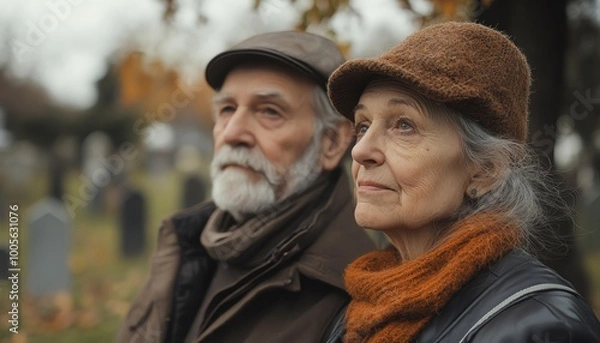 Fototapeta Portrait of an old married couple contemplating death, with a cemetery visible behind them, illustrating their thoughts on the end of life and legacy