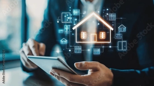 Obraz A man using a tablet to control a smart home system, with a virtual house and connected devices.