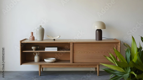 Fototapeta A photo of a minimalist wooden sideboard with a few decorative items