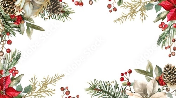Fototapeta A white background with a red and green Christmas tree and red berries. Decorative watercolor frame for cards, invitations, banners