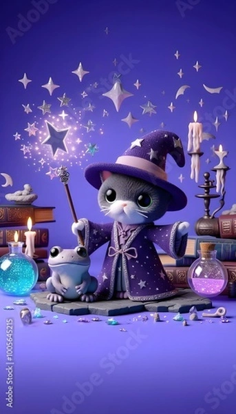 Obraz A cute cat dressed as a wizard and casting a spell with a magic wand in a 3D, claymation style. In the background should be sparkling potions and ancient books. The toad should have a starry robe 