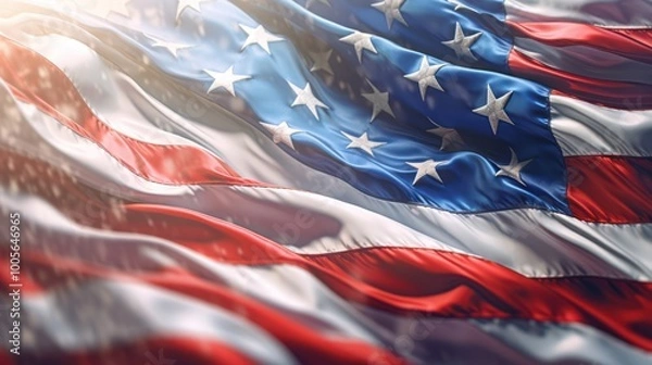 Fototapeta A close-up of the American flag waving in the wind with sunlight