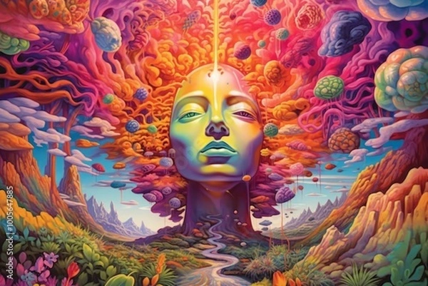 Fototapeta A vibrant, surreal landscape with a human-like head and colorful elements.