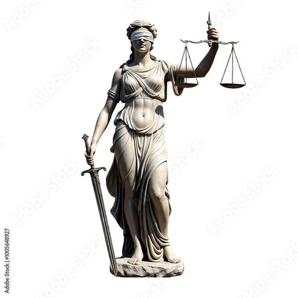 Fototapeta Stone statue of Themis, blindfolded, holding golden scales and silver sword isolated on PNG background. Generative AI.