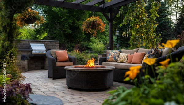 Fototapeta Editorial photo of a luxury outdoor patio with cushioned seating, a fire pit, and a pergola with hanging plants