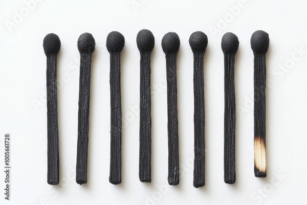 Obraz Eight black matches lined up in the same row, against a white background. Created with Ai