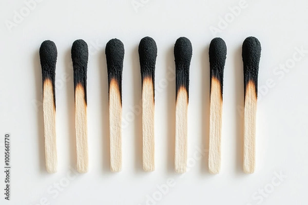 Obraz A series of black, burnt matches arranged in an orderly manner on a white background, each match with its head burning with flames. Created with Ai
