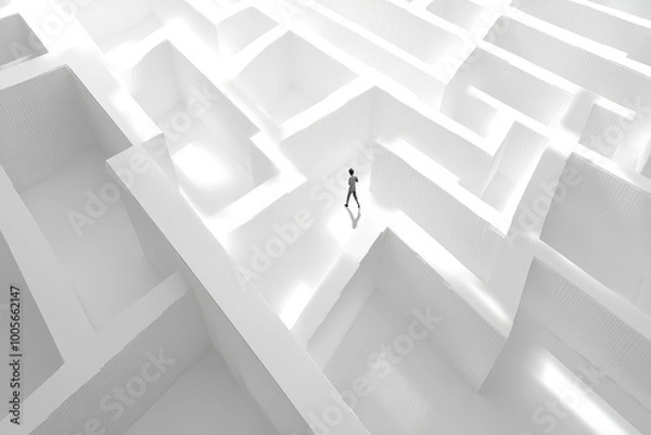 Obraz  3D render of a person walking in a white maze. Created with Ai