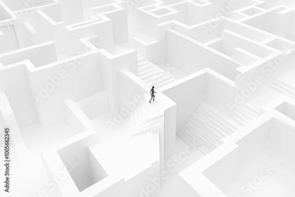 Fototapeta  A person standing in the center of an endless white maze, with stairs leading up to different levels. Created with Ai