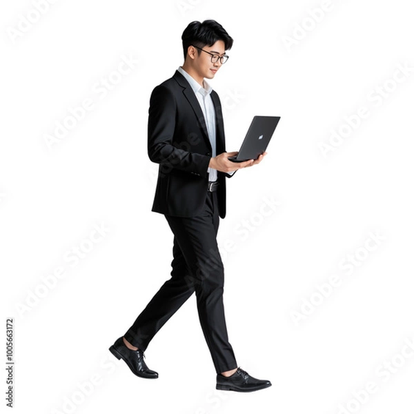 Fototapeta Confident Asian Businessman in Casual Formal Attire Walking and Working on Laptop with Dynamic Low Angle View in Studio