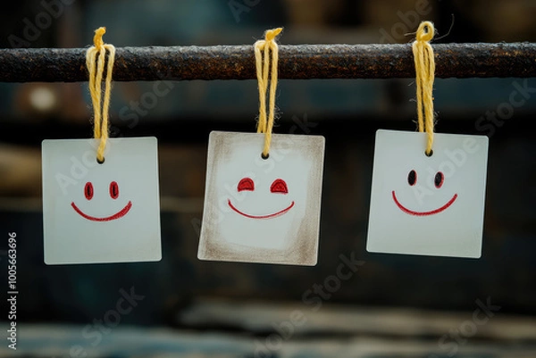 Obraz Three white rectangular tags with smiley faces hanging on strings, photographed from the front. Created with Ai