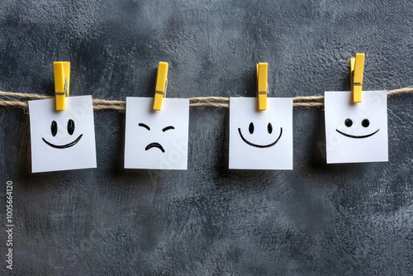 Obraz  Four white square sticky notes with smiley faces on them, each hanging from its own clothespin against a grey background. Created with Ai