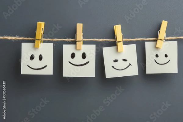 Obraz Four white sticky notes with smiley faces on them, hanging from items. Each note has a different expression of joy and happiness. Created with AI