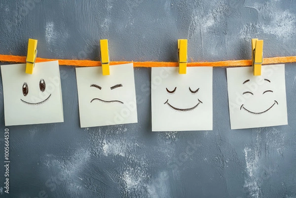 Obraz 4 white sticky notes with smiley faces on them. Created with Ai