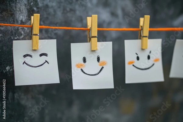 Fototapeta Three white sticky notes with smiley faces on them, each of the four notes is hanging from an orange clothespin. Created with Ai