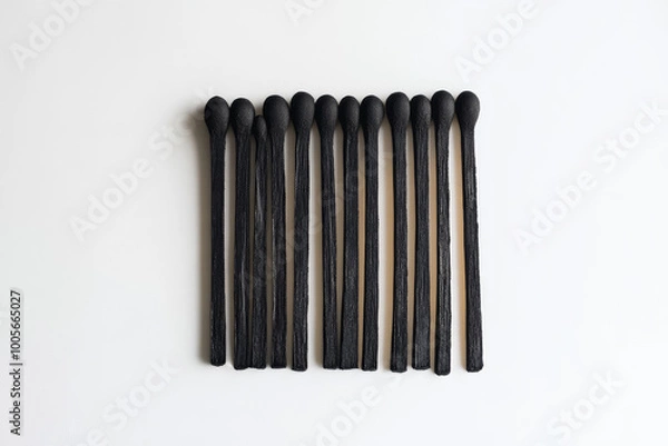 Obraz A set of black matchsticks, each with its own head on the end and made from a wooden material. Created with Ai