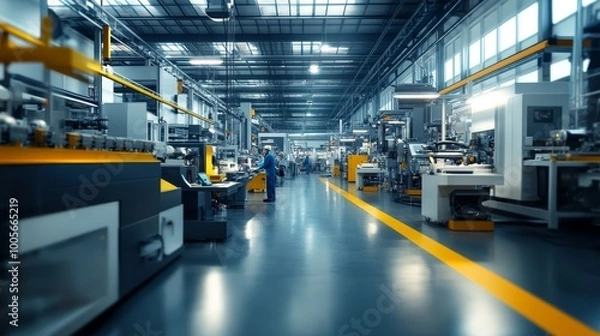 Fototapeta Modern Industrial Manufacturing Facility with Workers Operating Machinery