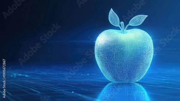 Fototapeta Apple fruit in a polygonal wireframe mesh, rendered in a futuristic style on a digital blue background.
