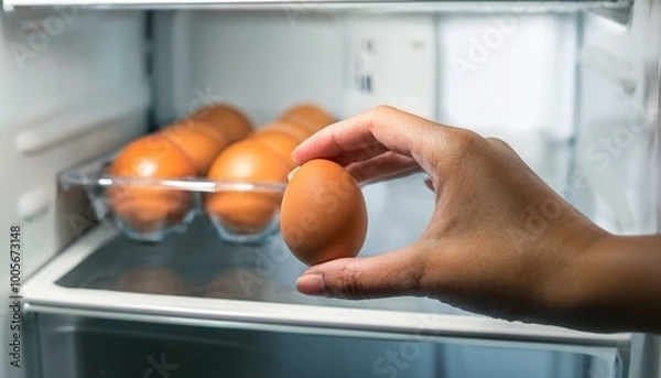 Fototapeta eggs in a fridge, a person's hand removes an egg from the refrigerator to eat