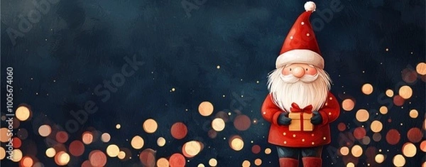 Fototapeta A cheerful Santa Claus figure holding a gift, surrounded by soft, colorful bokeh lights, evoking a festive holiday atmosphere.