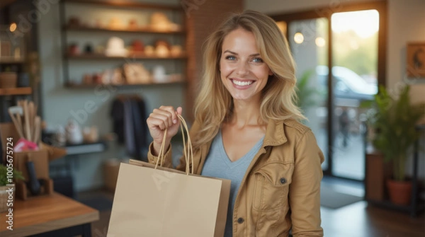 Fototapeta Smiling Customer Shopping in Grocery Store Aisle – Happy Shopper Picking Groceries, Retail Experience in a Modern Supermarket Setting