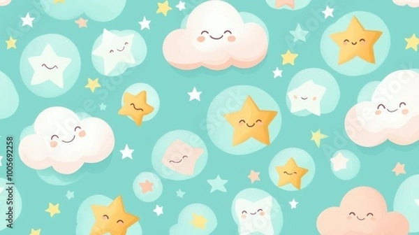 Fototapeta Soft cloud and star motifs with smiling faces designed in a repeating pattern with gentle pastel hues