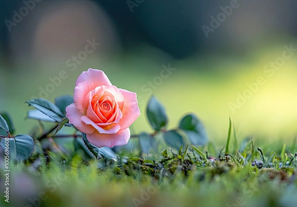 Fototapeta  A single pink rose growing on lush green grass, with a blurred background of nature. Created with Ai