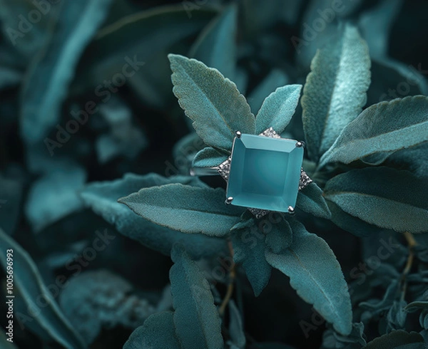 Obraz A square blue chalcedony stone set in an open ring, resting on green leaves. Created with Ai