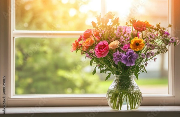 Obraz A vase of colorful flowers is placed on the windowsill, with sunlight streaming through and illuminating them. Created with Ai