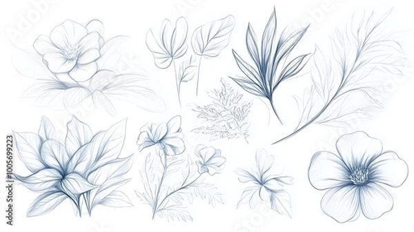 Obraz Elegant Monochrome Floral Sketches and Botanical Line Drawings for Abstract Graphic Design