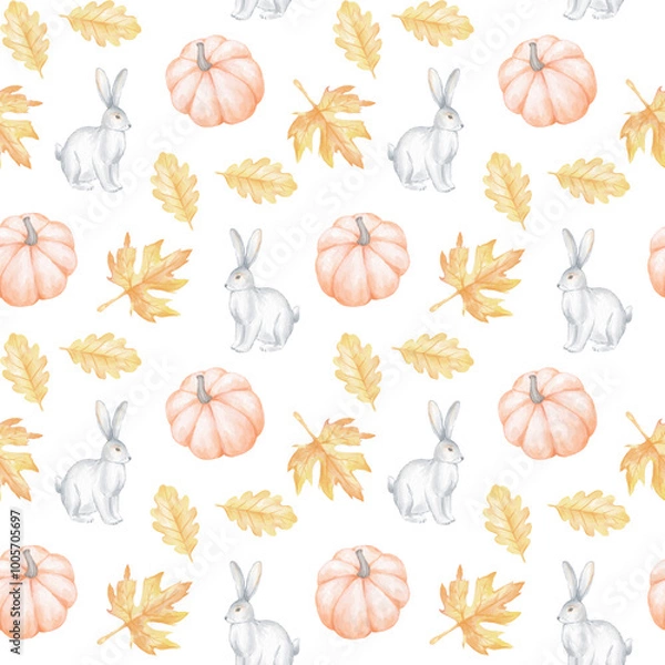Fototapeta hares, pumpkins, oak and maple leaves. Seamless watercolor pattern on white background for textiles and wrapping paper. Cute autumn illustration