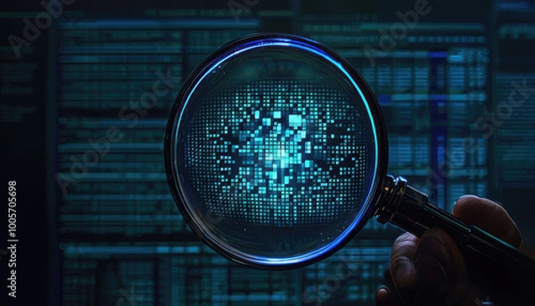 Obraz binary code,magnifying glass on a keyboard,magnifying glass on binary code,digital data security,electronic circuit board with magnifier