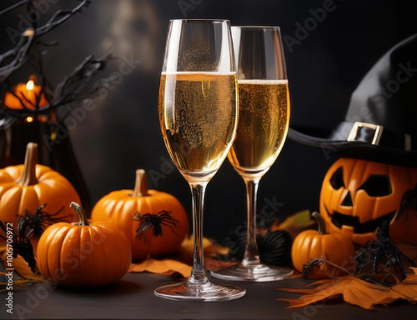 Fototapeta ハロウィンのカボチャとシャンパン