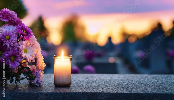 Obraz Toussaint, bougie et fleurs dans un cimetière, deuil religieux chrétien