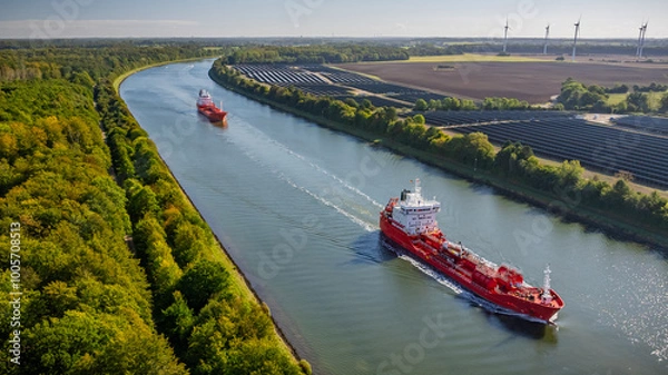 Fototapeta Tanker transporting fossil fuels along waterway, sailing past canal bordered by solar farm. Traditional and modern energy. Concept of transition from fossil fuels to renewable energy.