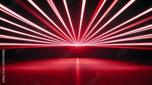 Fototapeta A captivating display of red laser beams radiating from a central point, creating a dynamic, futuristic atmosphere.