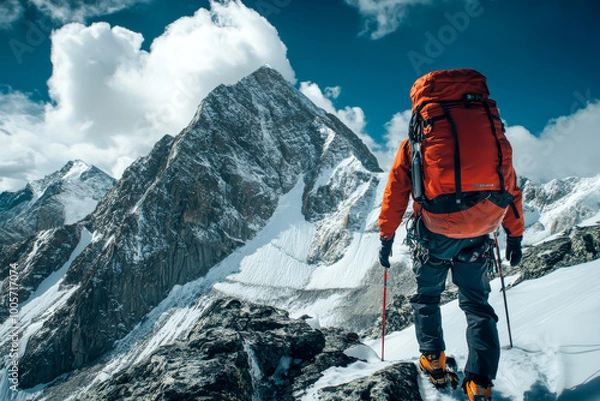 Obraz A man in an orange jacket stands on a snowy mountain with a backpack on his back. Concept of adventure and excitement, as the man is preparing to embark on a challenging journey