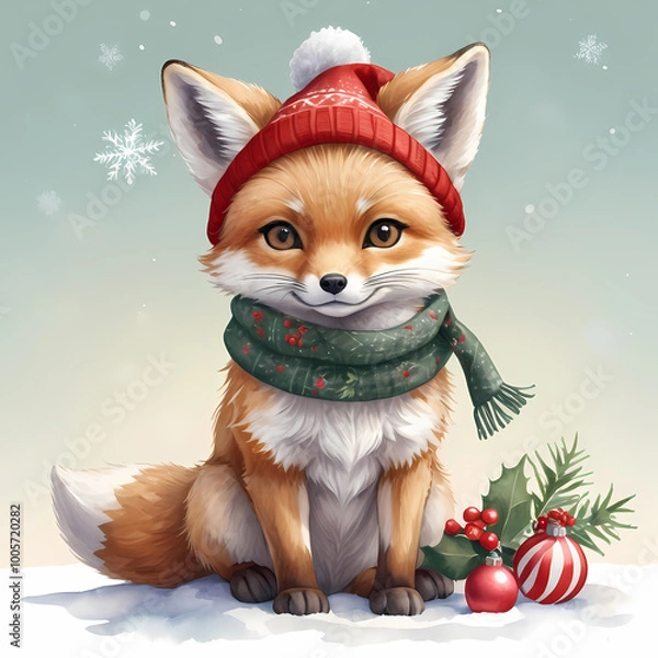 Fototapeta A cute fox wearing a Santa hat and a green scarf, sitting in a snowy winter setting with Christmas ornaments and a wreath...