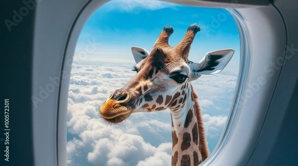 Obraz Giraffe peeking through airplane window, whimsical travel concept