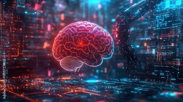 Obraz Futuristic brain with robotic arm in digital space.