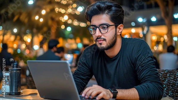 Obraz A young entrepreneur working on a laptop in a modern cafe, representing the rise of startups in Pakistan