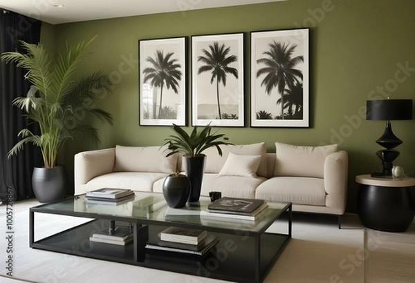 Fototapeta A modern living room with a beige sofa, a black coffee table, and three framed black and white photographs of palm trees on the wall.