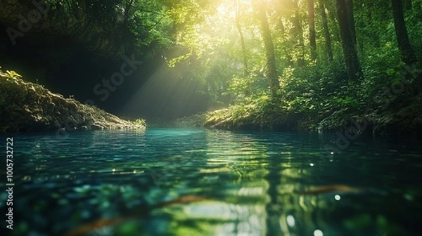 Fototapeta Serene forest river with sunlight filtering through.