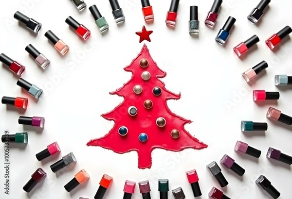 Obraz Nail polish and a Christmas tree on a white background