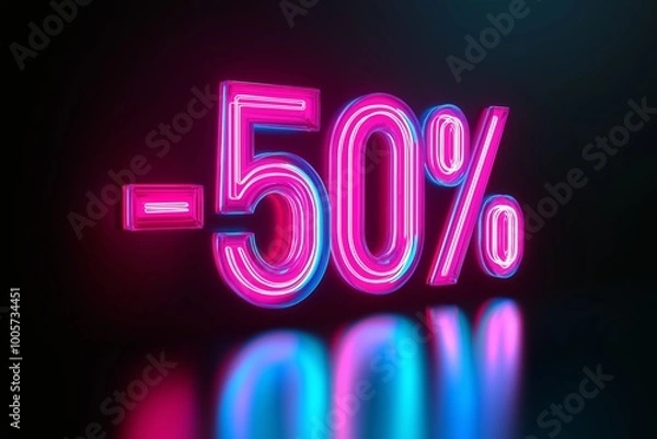 Fototapeta A neon pink and blue -50% sign glowing vibrantly on a dark surface with reflections
