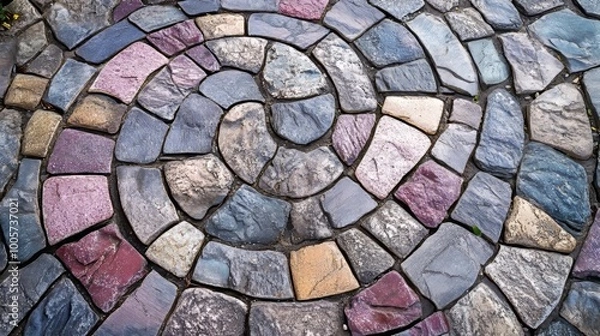 Fototapeta The patio is made of interlocking bricks and stones, arranged in a stylish, abstract design. The colors are mainly gray and pink.