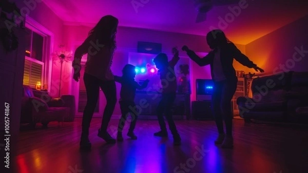 Fototapeta Four Silhouettes Dancing in a Dimly Lit Room with Colorful Lights